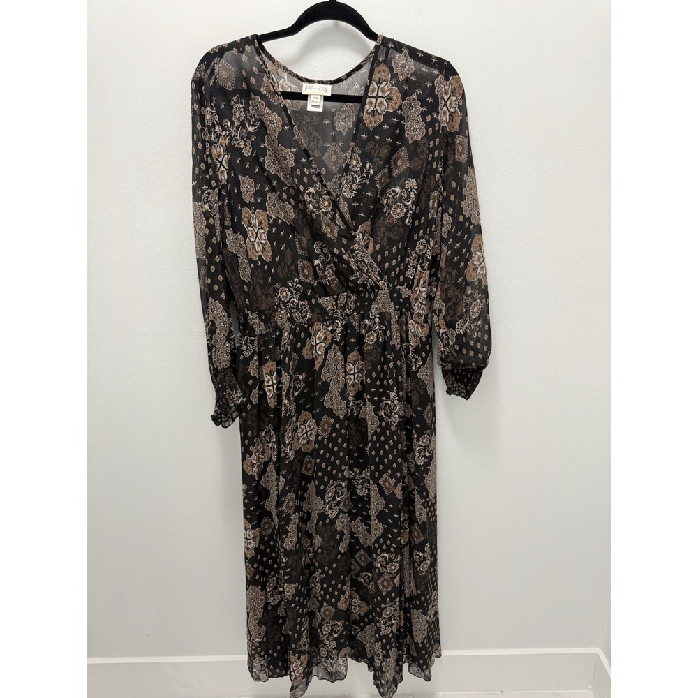 Kate & Lily Boho Floral Midi Dress Black Brown Long Sleeve‎ Size 14W New